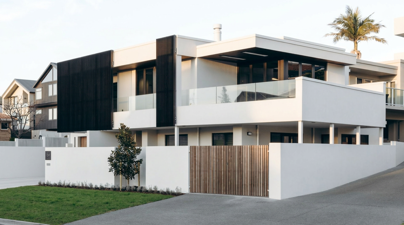 Modern coastal home with charcoal plastered exterior in Tauranga
